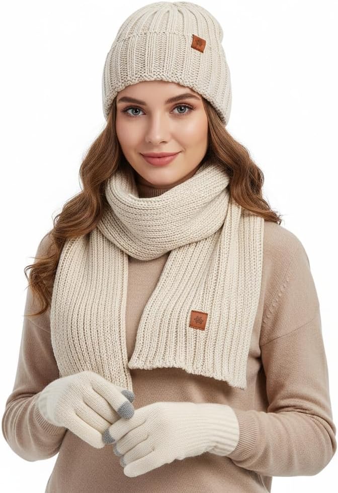 Sofvoyami Store Winter Hat Scarf Gloves Set, Soft Warm Knit Beanie Hat Touchscreen Gloves Long Knitted Scarf Set Winter Gifts for Men women - Image 1